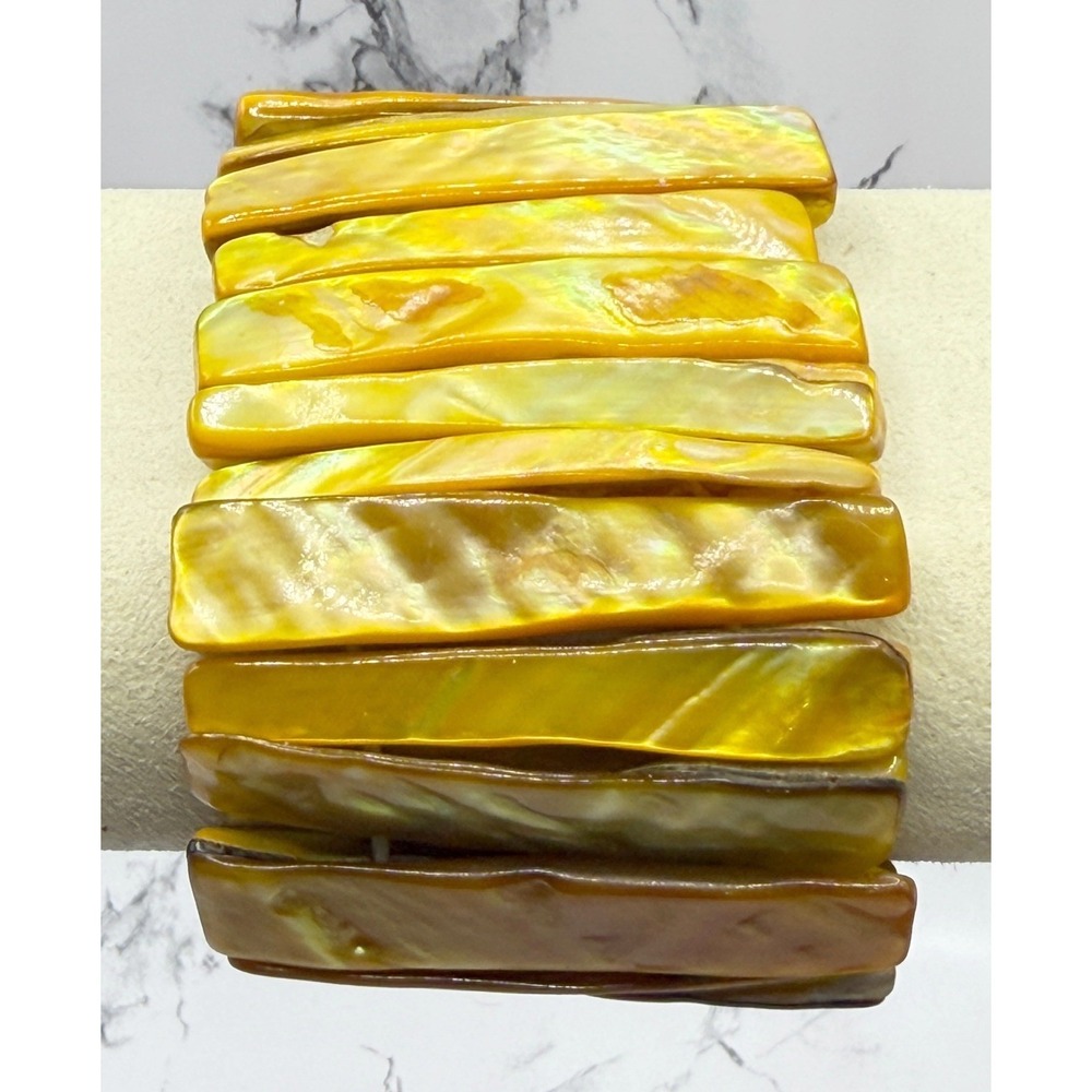 Wide Butterscotch Statement Bracelet Shell Composite Stretch 1.75 - VIDEO